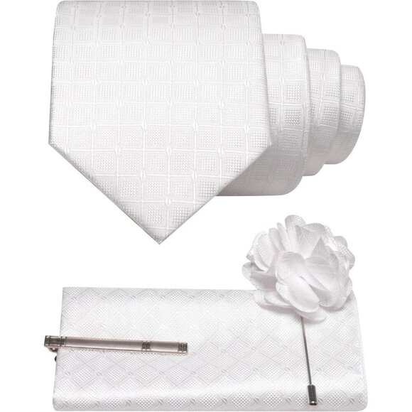 🆕Men White Plaid Checkered Necktie and Pocket with Tie Clip Lapel Pin Set Ties - Picture 1 of 4